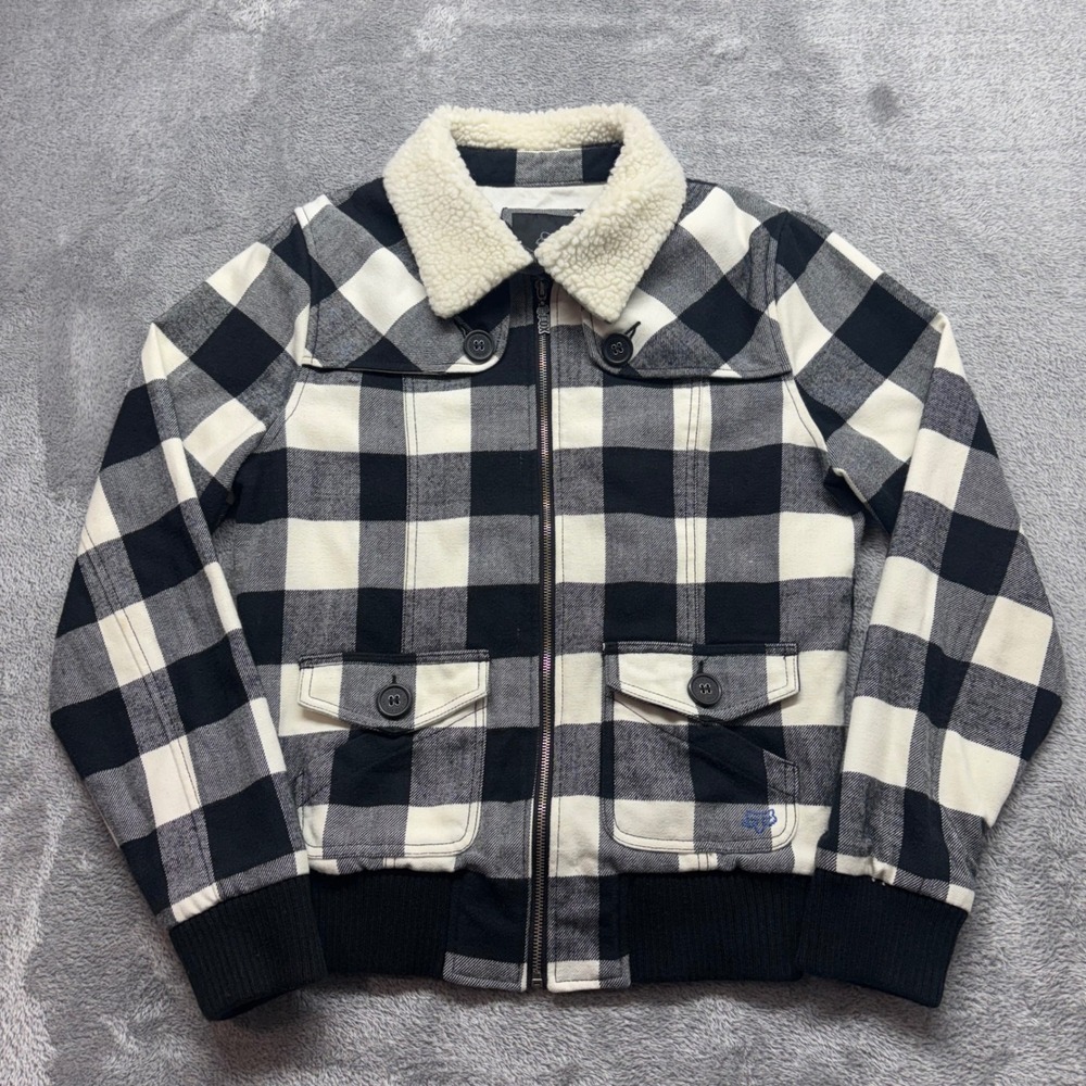 Fox Racing Plaid Bomber Jacket Women's  Large Black White Good Sherpa Collar Zip